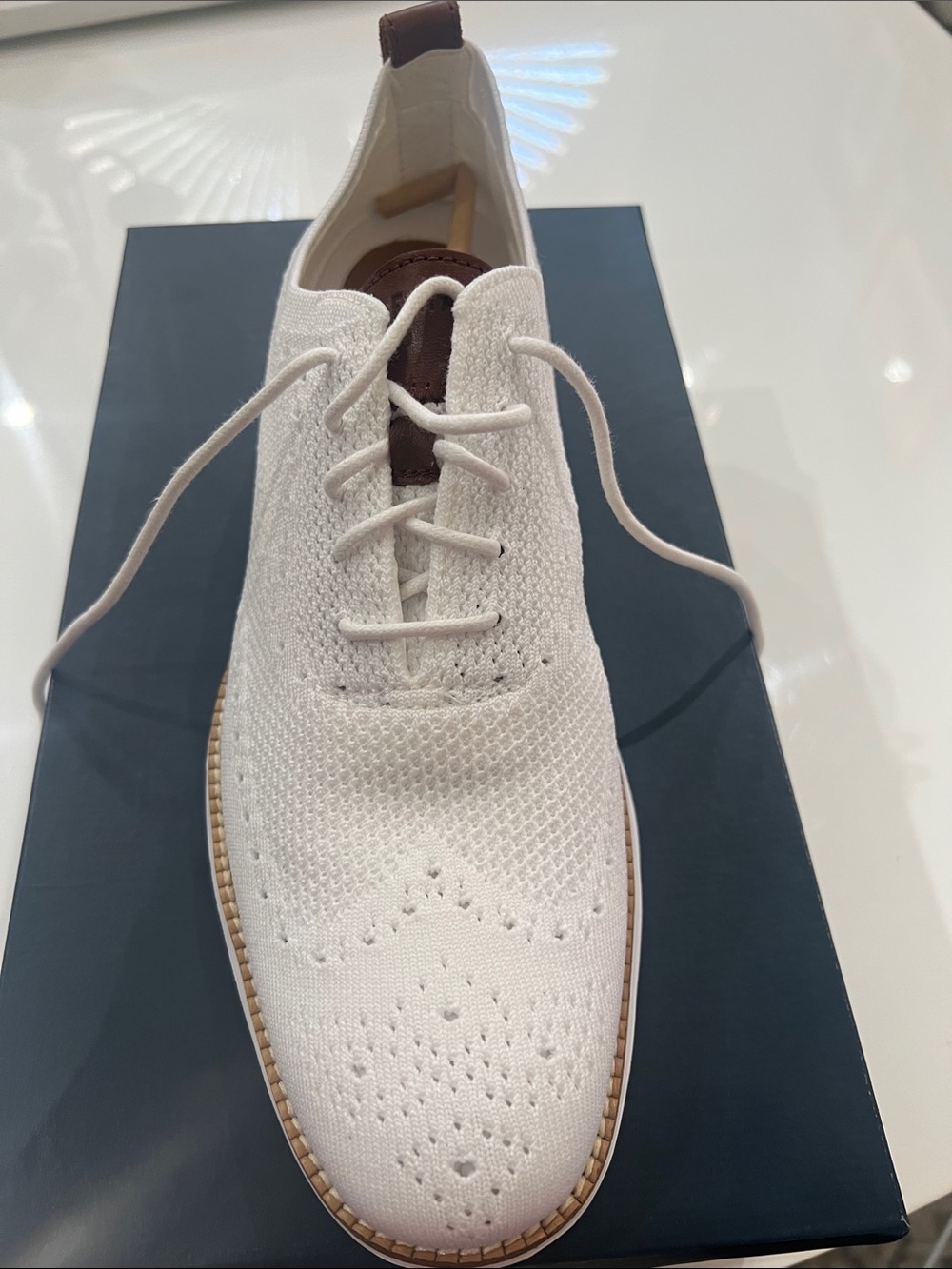 NIB Cole Haan White Knit Wingtip Derby with Brown Accents